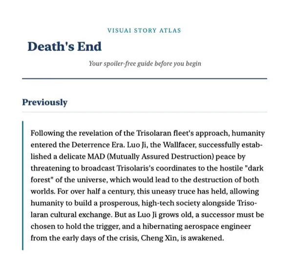 Story Atlas recap page for Death's End with a spoiler-free Previously section